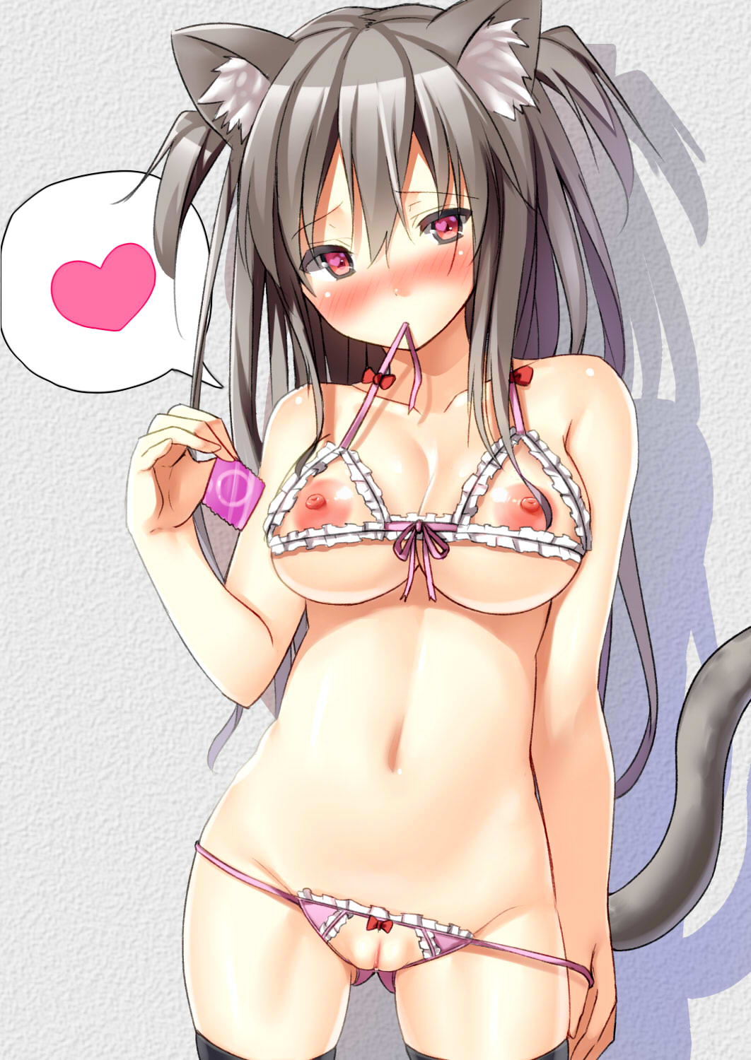 alexmaster animal_ears blush bra breasts cat_ears cat_tail condom crotchless_panties cupless_bra frilled_bra frilled_panties frills grey_hair heart heart-shaped_pupils highres long_hair medium_breasts navel nipples original panties panty_pull pussy red_eyes revealing_clothes shiny shiny_skin solo strap_pull symbol-shaped_pupils tail two_side_up underwear underwear_only