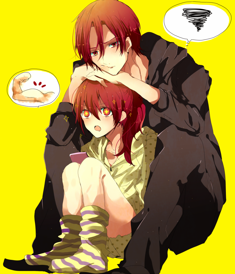 1boy 1girl bad_id bad_pixiv_id brother_and_sister dukak flexing free! height_difference long_hair loungewear matsuoka_gou matsuoka_rin muscle polka_dot ponytail pose red_eyes red_hair siblings socks speech_bubble squiggle striped thought_bubble