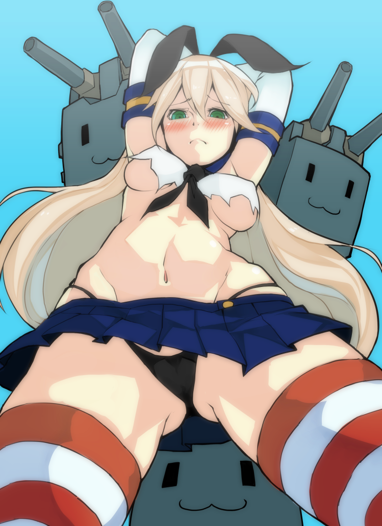 :3 arms_up black_panties blonde_hair blush breasts dafei elbow_gloves frown gloves green_eyes hairband kantai_collection long_hair looking_at_viewer medium_breasts navel panties rensouhou-chan shimakaze_(kantai_collection) simple_background skirt solo striped striped_legwear thighhighs underboob underwear