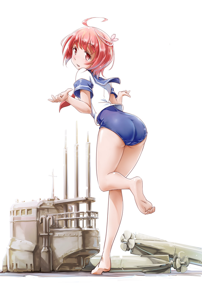 ass from_behind i-58_(kantai_collection) kantai_collection looking_back moupii_(hitsuji_no_ki) no_pants one-piece_swimsuit red_eyes red_hair school_swimsuit school_uniform serafuku ship short_hair solo swimsuit swimsuit_under_clothes torpedo watercraft