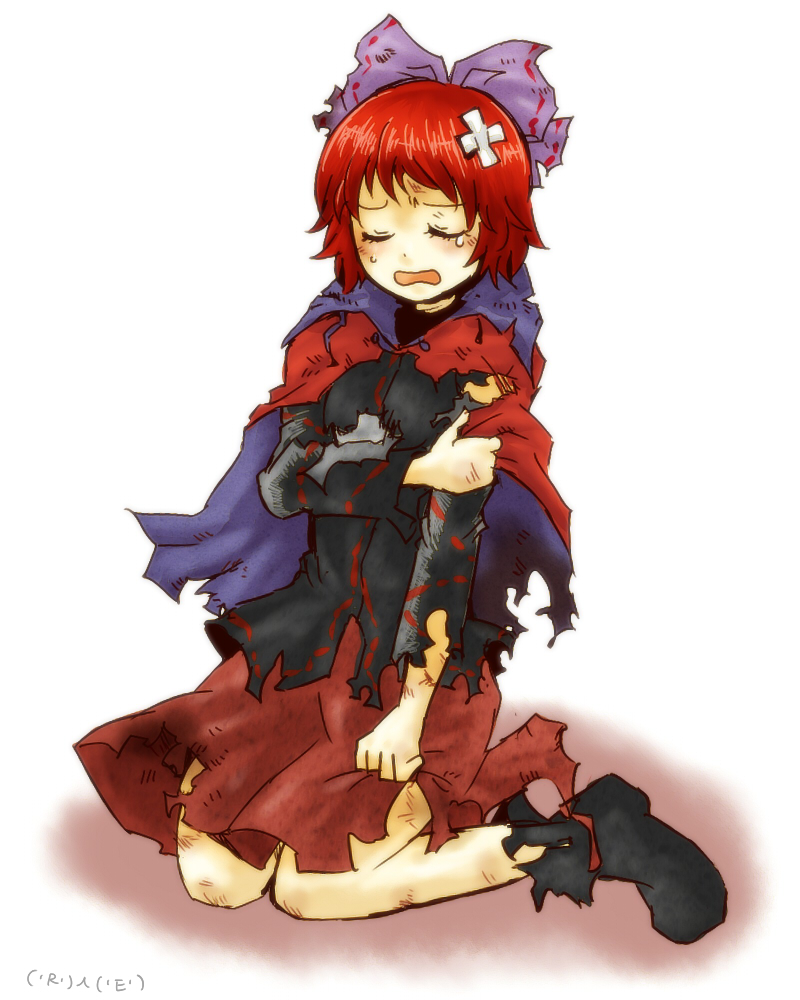 bandages bow bruise cape closed_eyes hair_bow injury kneeling long_sleeves open_mouth rashime_emisa red_hair sekibanki short_hair skirt solo tears torn_clothes touhou