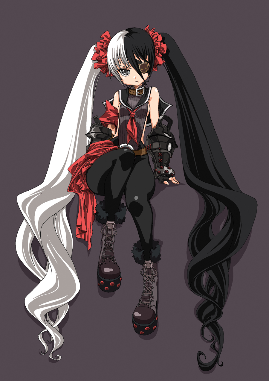 :&lt; artist_request belt black_hair blade_&amp;_soul boots brown_eyes eyepatch fingerless_gloves gloves highres leather leather_pants leotard long_hair multicolored_hair pants pohwaran sitting sleeveless solo twintails two-tone_hair very_long_hair white_hair
