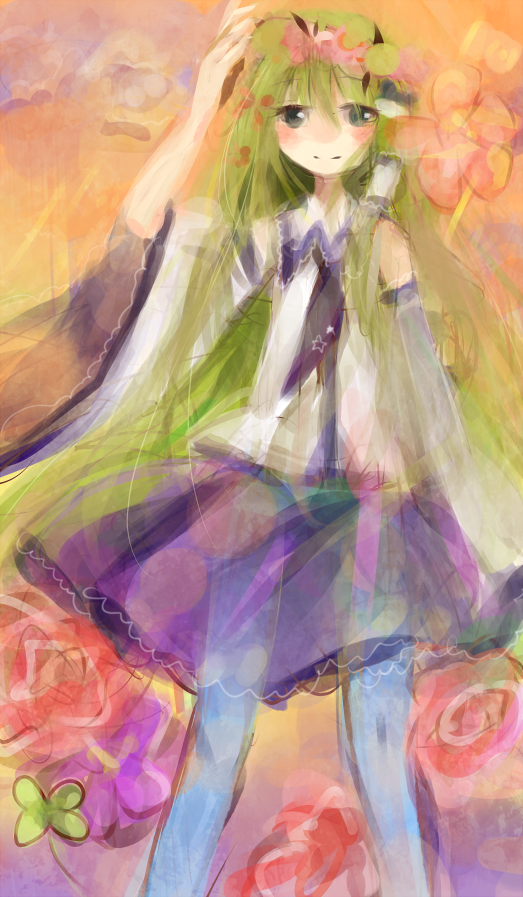 detached_sleeves green_eyes green_hair hair_tubes kochiya_sanae long_hair solo tamagogayu1998 touhou very_long_hair