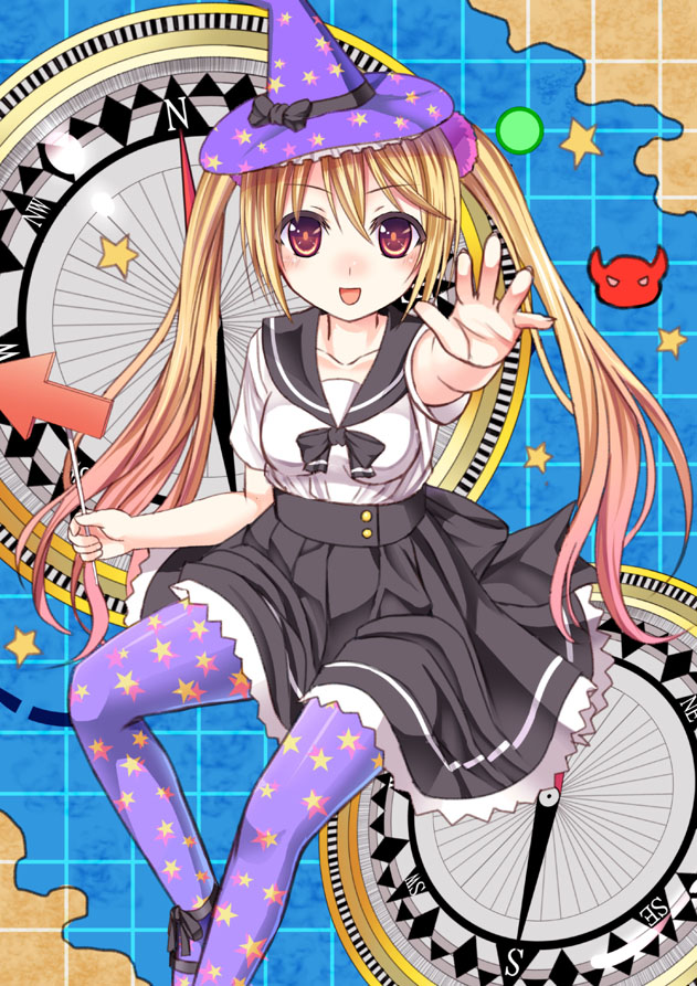 :d ankle_ribbon bangs blonde_hair blush bow buttons collarbone compass directional_arrow fingernails frills gradient_hair grid hat hat_bow holding humanization kantai_collection lace lace-trimmed_skirt long_fingernails long_hair looking_at_viewer low_twintails majokko_(kantai_collection) map md5_mismatch multicolored_hair open_mouth outstretched_arm pantyhose pleated_skirt print_legwear purple_legwear rashinban_musume red_eyes ribbon school_uniform scrunchie serafuku shirt shoes short_sleeves sitting skirt smile solo star star_print tsukino_neru twintails very_long_hair witch_hat