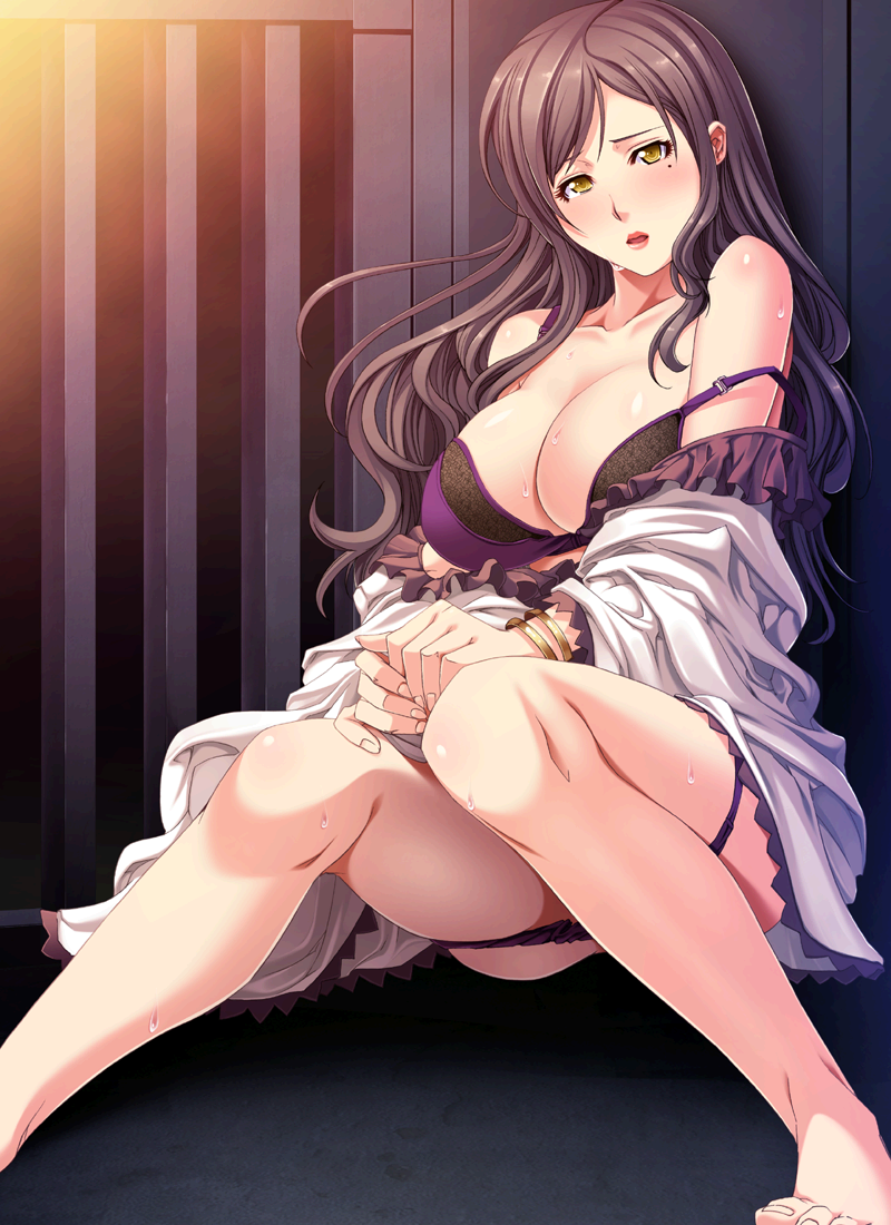 1girl bare_shoulders barefoot black_hair blush bra breasts cleavage dress feet game_cg highres hitozuma_juurin_shiiku:_himei_ga_kyousei_ni_kawaru_made_shitsukete_yaru! large_breasts legs long_hair looking_at_viewer milf mole open_mouth panties panty_pull sitting solo sweat thighs toes underwear undressing yellow_eyes