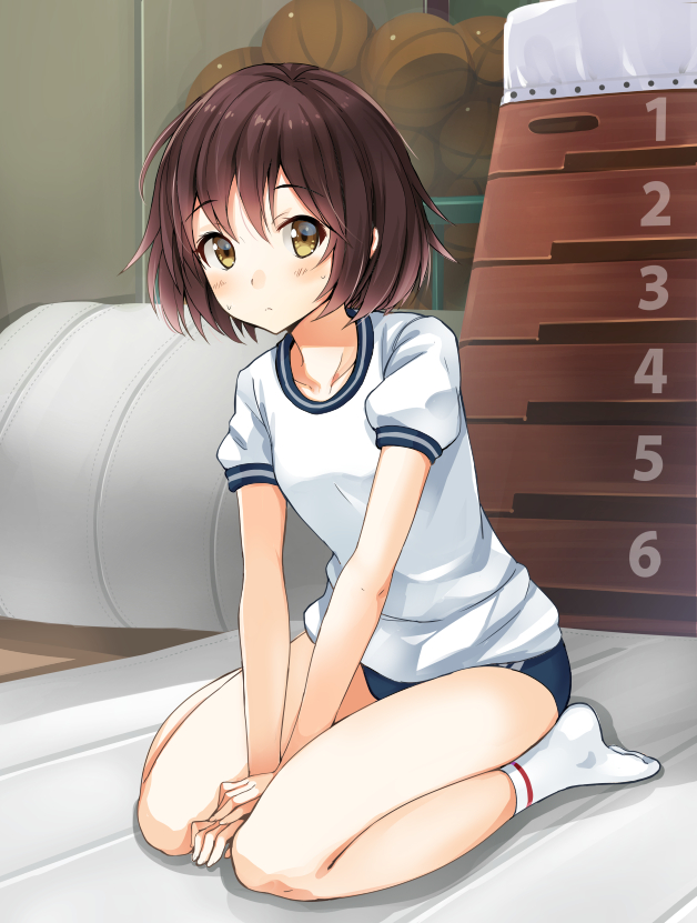 :&lt; ball bangs basketball blush breasts brown_hair buruma collarbone double_vertical_stripe frown gym_storeroom gym_uniform hands_together indoors leaning_forward looking_at_viewer mat mirai_denki no_shoes number original puffy_short_sleeves puffy_sleeves shirt short_sleeves sitting small_breasts socks solo sweatdrop v_arms vaulting_horse wariza yellow_eyes