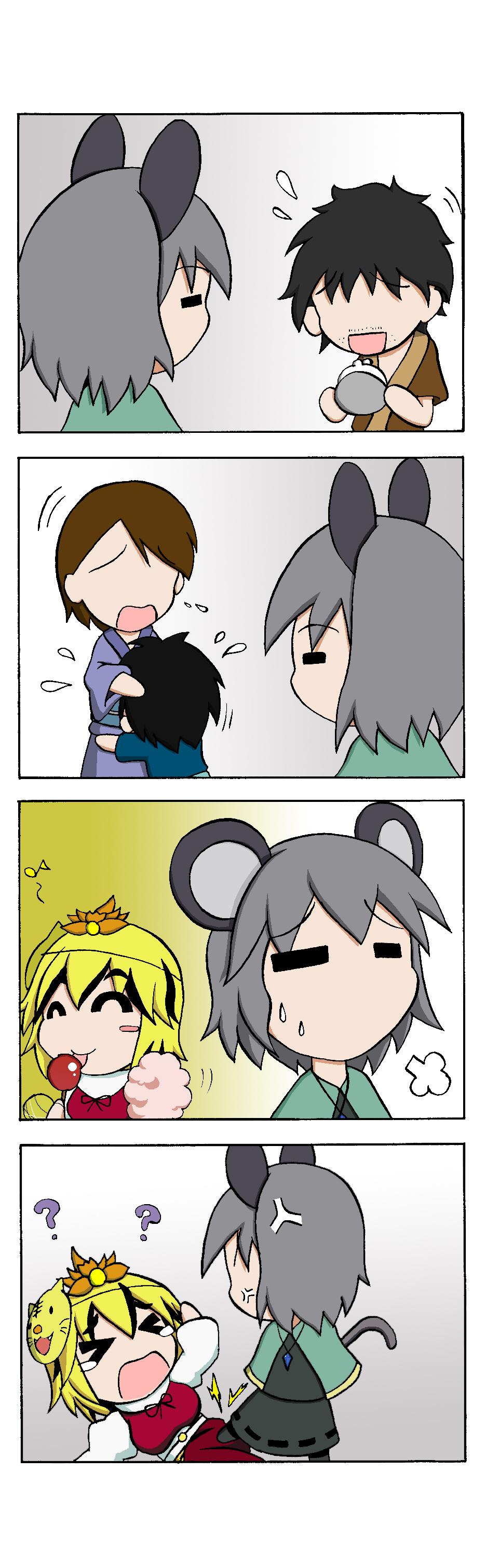 &gt;_&lt; 3girls 4koma =_= ? ^_^ absurdres anger_vein animal_ears black_hair brown_hair candy_apple capelet cat_mask change_purse closed_eyes comic cotton_candy flying_sweatdrops flying_teardrops food gradient gradient_background grey_hair highres jewelry licking mouse_ears mouse_tail multicolored_hair multiple_boys multiple_girls nazrin pendant rakugaki-biyori silent_comic sweat tail tears toramaru_shou touhou two-tone_hair