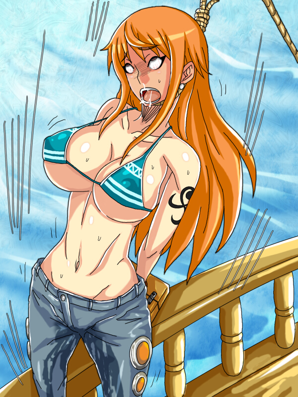 1girl artist_request asphyxiation bakushi_(guroya) bikini breasts brown_eyes cleavage death denim execution female hanged hanging imminent_death jeans long_hair nami nami_(one_piece) one_piece orange_hair pants peeing rolling_eyes rope solo source_request swimsuit