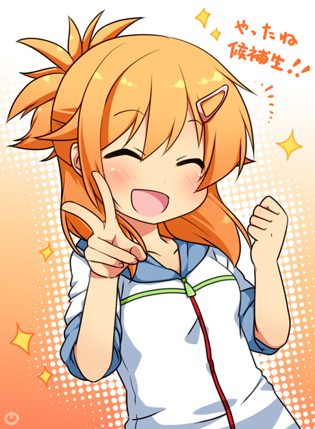 :d ^_^ bad_id bad_pixiv_id blush clenched_hand closed_eyes hair_ornament hairclip hood hood_down hoodie open_mouth orange_hair original ponytail ringo_yuyu short_hair smile solo sparkle v