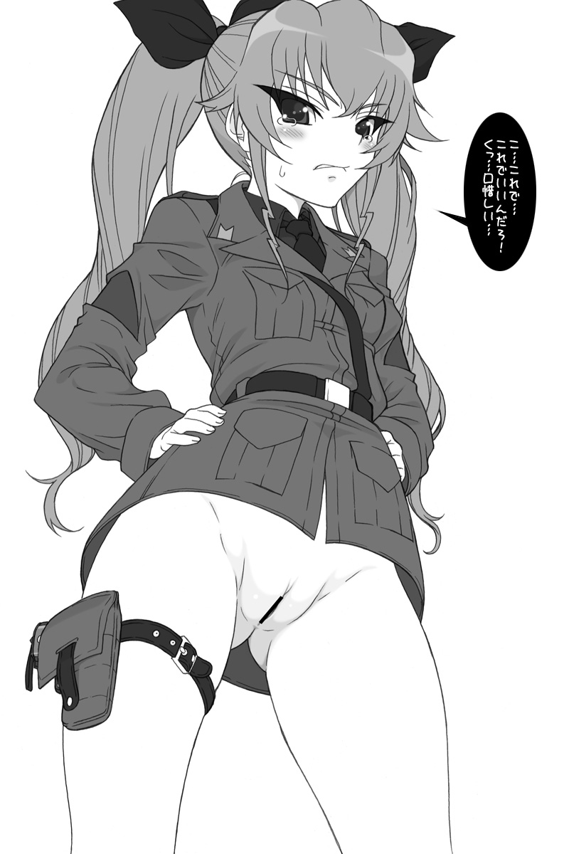 anchovy anzio_military_uniform belt biting blush bottomless censored commentary dress_shirt drill_hair embarrassed from_below girls_und_panzer greyscale hands_on_hips highres holster jacket lip_biting long_hair long_sleeves looking_down military military_uniform monochrome necktie no_panties pussy ribbon shichimenchou shirt shoulder_belt solo standing sweatdrop tears thigh_strap translated twin_drills twintails uniform