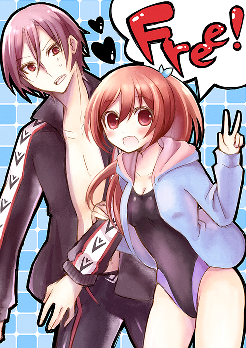 1girl :d arm_holding ayuko_(ayuco) bad_id bad_pixiv_id brother_and_sister competition_swimsuit copyright_name free! heart hood hoodie jacket jammers long_hair matsuoka_gou matsuoka_rin one-piece_swimsuit open_clothes open_hoodie open_jacket open_mouth ponytail red_eyes red_hair sharp_teeth siblings smile speech_bubble spoken_copyright swimsuit teeth v