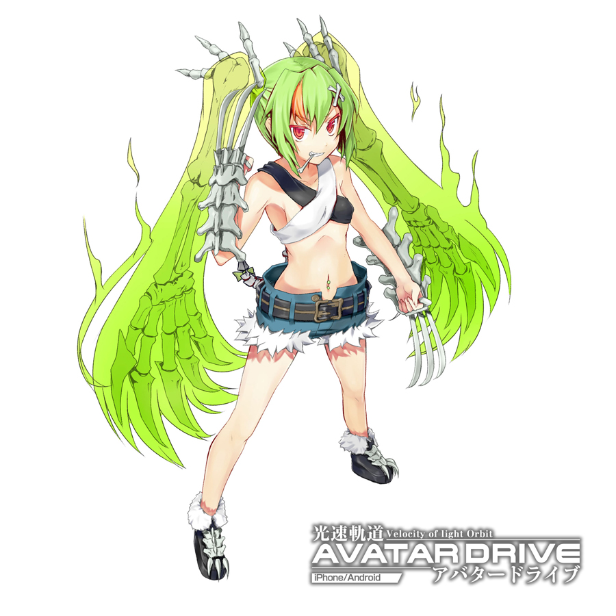 bone claw_(weapon) copyright_name green_hair hair_ornament hairclip ken_(fkenorat) kousoku_kidou_avatar_drive long_hair midriff mouth_hold navel navel_piercing piercing red_eyes short_shorts shorts solo teeth twintails weapon white_background