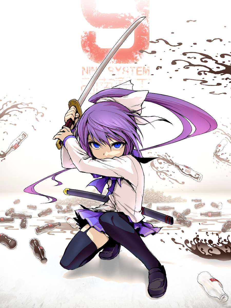 black_legwear blue_eyes bottle bow character_request coca-cola ebizome fighting_stance garters hacker9 hair_bow highres katana loafers long_hair long_sleeves looking_at_viewer ponytail product_placement purple_hair scabbard school_uniform sheath shoes skirt soda solo sword thighhighs weapon