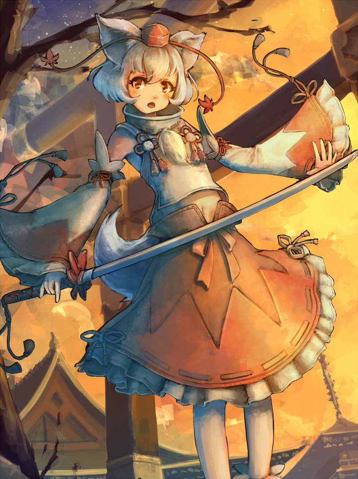 animal_ears architecture bespin detached_sleeves east_asian_architecture hat inubashiri_momiji katana midriff navel pantyhose red_eyes short_hair silver_hair solo sunset sword tail tassel tokin_hat torii touhou tree weapon wide_sleeves wolf_ears wolf_tail