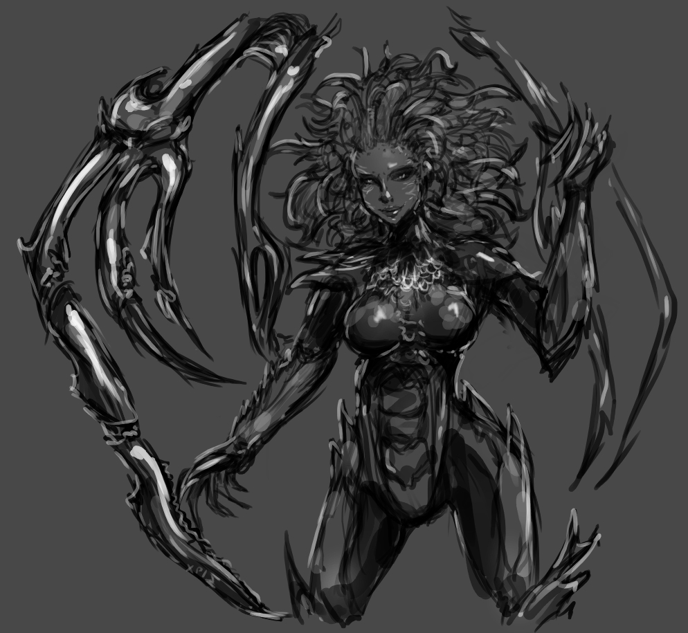 breasts kerrigan monochrome monster sarah_kerrigan sketch starcraft zerg