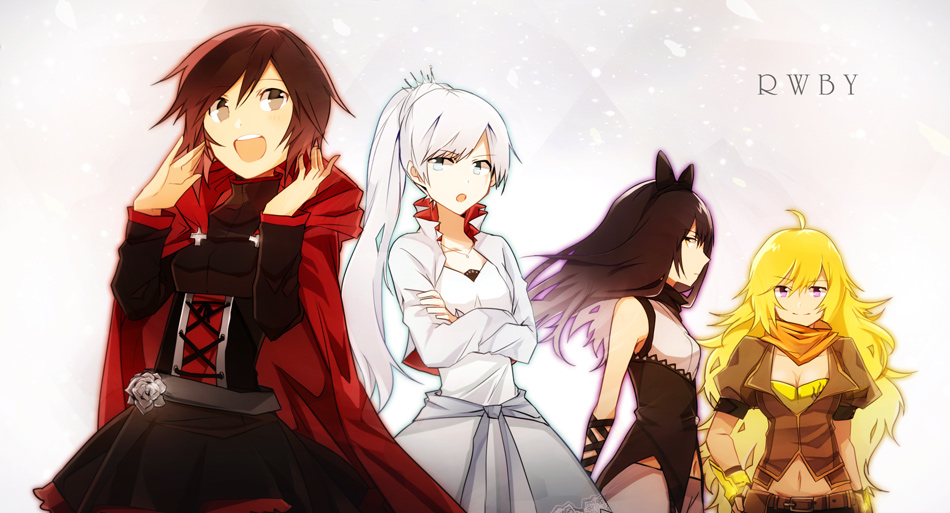 ahoge bad_id bad_pixiv_id black_hair blake_belladonna blonde_hair blue_eyes bow breasts cape cleavage copyright_name cross dress flower hair_bow jewelry kiri103 long_hair medium_breasts multiple_girls necklace ponytail purple_eyes red_hair rose ruby_rose rwby short_hair smile weiss_schnee white_hair yang_xiao_long yellow_eyes