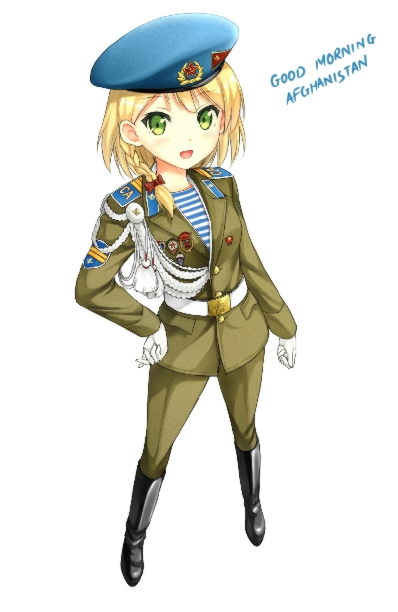 afghanistan aiguillette belt beret blonde_hair blue_eyes boots braid breasts ears english full_body gloves green_eyes hair_ornament hammer_and_sickle hands hands_on_hips hat highres kantoku_(style) legs looking_at_viewer medal medium_breasts military military_uniform neck open_mouth original patch phanc real_life red_army ribbon shirt smile solo soviet soviet_union striped striped_shirt telnyashka text_focus uniform vdv white_background