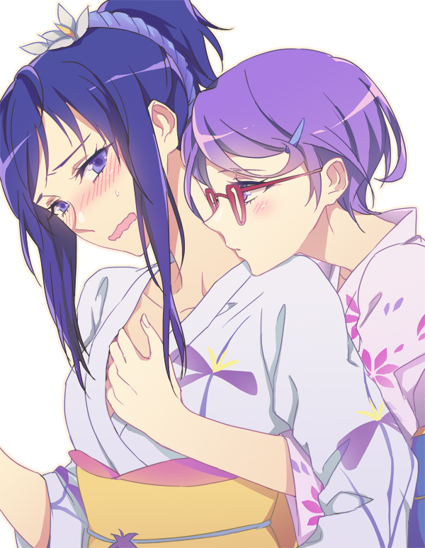 alternate_costume alternate_hairstyle blue_hair blush collarbone couple dokidoki!_precure flower glasses hair_flower hair_ornament hair_up hand_under_clothes hand_under_shirt hishikawa_rikka hug hug_from_behind japanese_clothes kenzaki_makoto kimono kiss long_hair multiple_girls neck_kiss negom ponytail precure purple_hair shirt short_hair simple_background upper_body wavy_mouth white_background yukata yuri