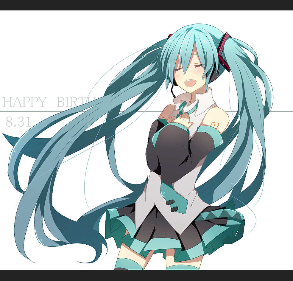 aqua_hair closed_eyes dated detached_sleeves hands_on_own_chest happy_birthday harusawa hatsune_miku headset letterboxed long_hair necktie open_mouth skirt solo thighhighs twintails very_long_hair vocaloid