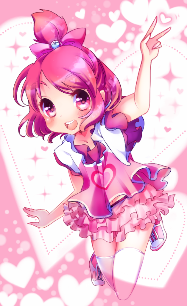 bow dokidoki!_precure frills full_body hair_bow half_updo heart heart_background personification pink_bow pink_eyes pink_hair precure ro_(igris-geo) sharuru_(dokidoki!_precure) sharuru_(dokidoki!_precure)_(human) shirt shoes short_hair skirt smile solo thighhighs v white_legwear zettai_ryouiki