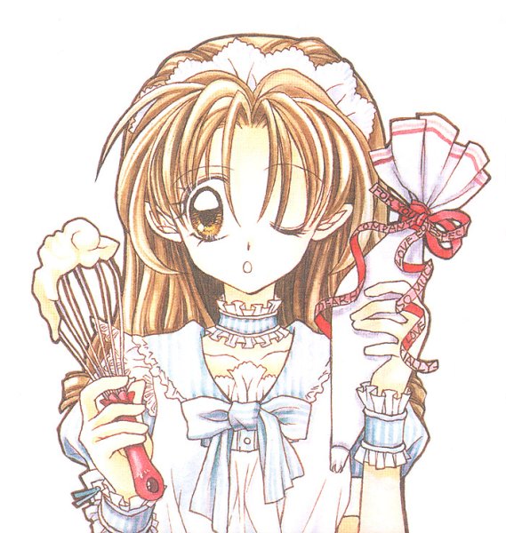 90s bow brown_eyes brown_hair choker frills hairband icing long_hair official_art one_eye_closed pastry_bag ribbon scan solo suomi_kyouko tanemura_arina time_stranger_kyoko whisk white_background