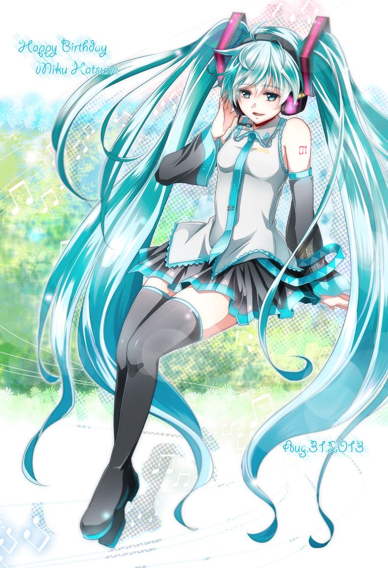 2013 aqua_eyes aqua_hair boots character_name dated detached_sleeves happy_birthday hatsune_miku headset long_hair musical_note necktie sitting skirt solo thigh_boots thighhighs tsujiori twintails very_long_hair vocaloid