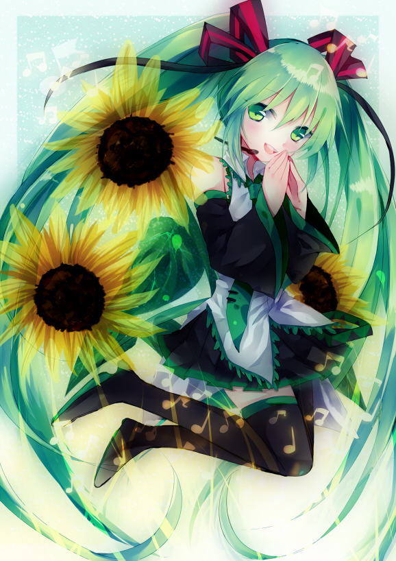 aqua_eyes aqua_hair boots detached_sleeves flower green_eyes green_hair hatobue hatsune_miku headset long_hair musical_note necktie open_mouth skirt smile solo sunflower thigh_boots thighhighs twintails very_long_hair vocaloid
