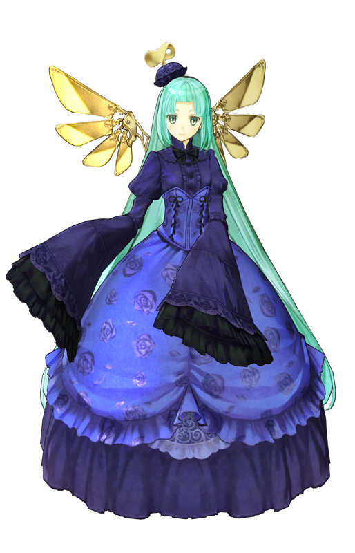 3d aqua_hair artist_request atelier_(series) atelier_ayesha blue_dress corset dress expressionless full_body game_model green_eyes hat juliet_sleeves long_hair long_sleeves odelia_(atelier) official_art puffy_sleeves sleeves_past_wrists solo very_long_hair white_background winding_key wings