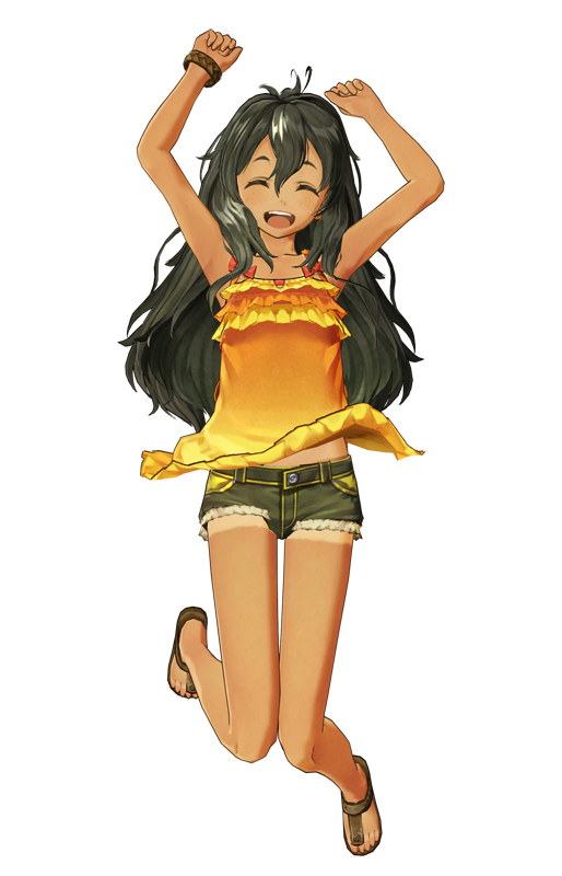 3d armpits arms_up artist_request atelier_(series) atelier_ayesha bare_legs black_hair bracelet closed_eyes full_body game_model happy jewelry jumping long_hair official_art orange_shirt sandals shirt shirt_tan short_shorts shorts shorts_tan smile solo tan tanline tanya_volta white_background