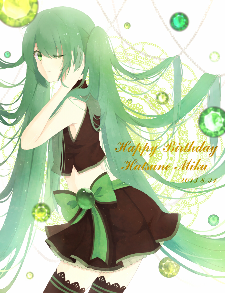 2013 bad_id bad_pixiv_id character_name dated green_eyes green_hair happy_birthday hatsune_miku highres long_hair one_eye_closed skirt solo squallea thighhighs twintails very_long_hair vocaloid