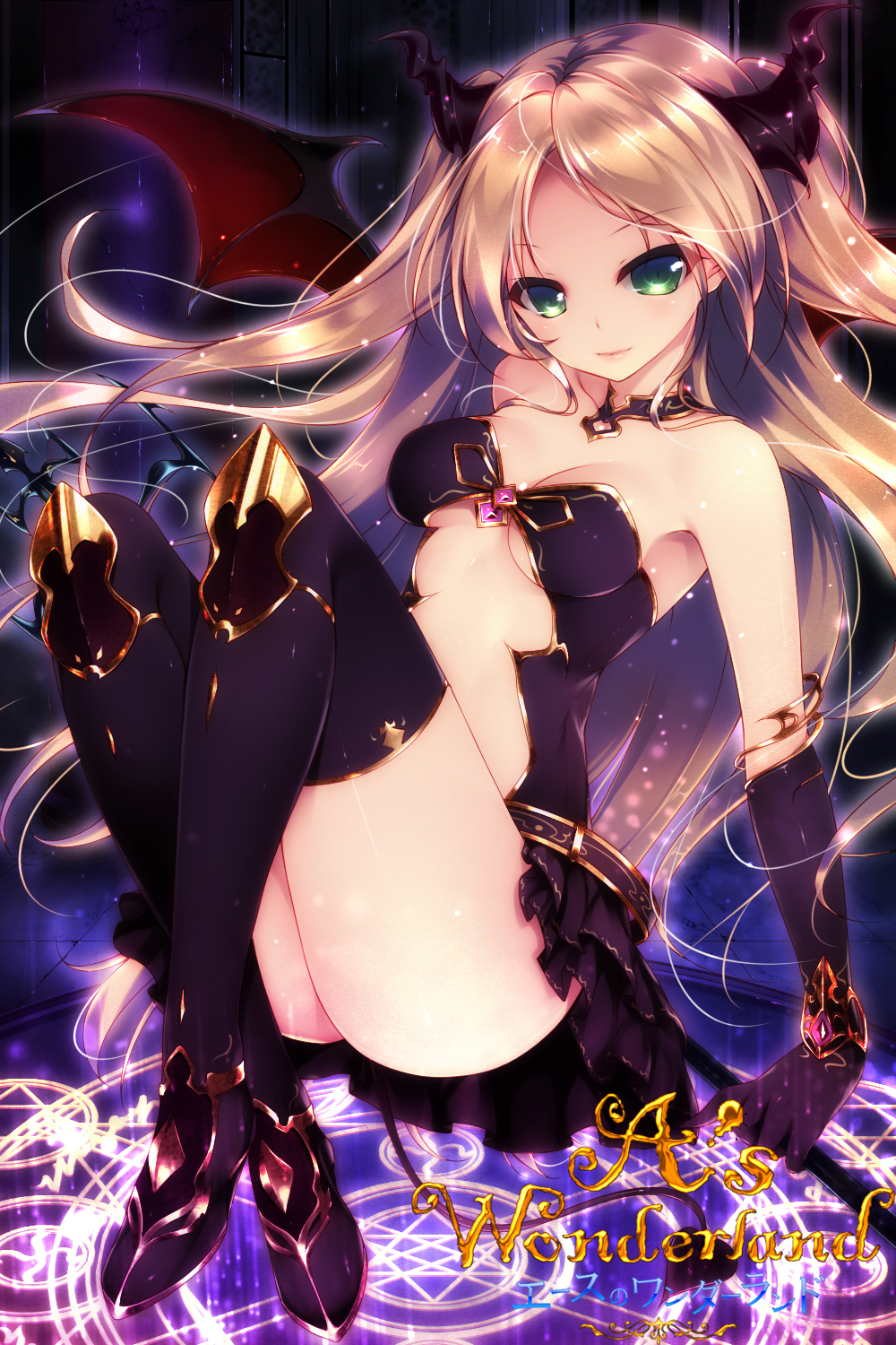 a's_wonderland bare_shoulders black_legwear blonde_hair boots breasts copyright_name demon_tail demon_wings gloves green_eyes hexagram highres horns light_smile lips long_hair looking_at_viewer magic_circle midriff shiny shiny_skin shokuyou_mogura small_breasts solo tail thigh_boots thighhighs thighs very_long_hair wings