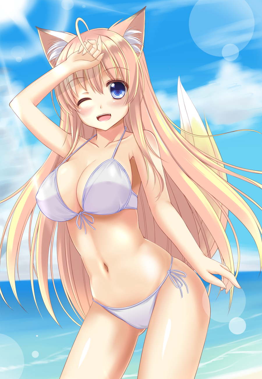 ahoge animal_ear_fluff animal_ears beach bikini blonde_hair blue_eyes cloud day eyebrows_visible_through_hair fox_ears fox_tail front-tie_top highres lens_flare light_rays long_hair looking_at_viewer navel one_eye_closed open_mouth original outdoors shiny shiny_skin sky smile sogaya solo strap_gap sunbeam sunlight swimsuit tail
