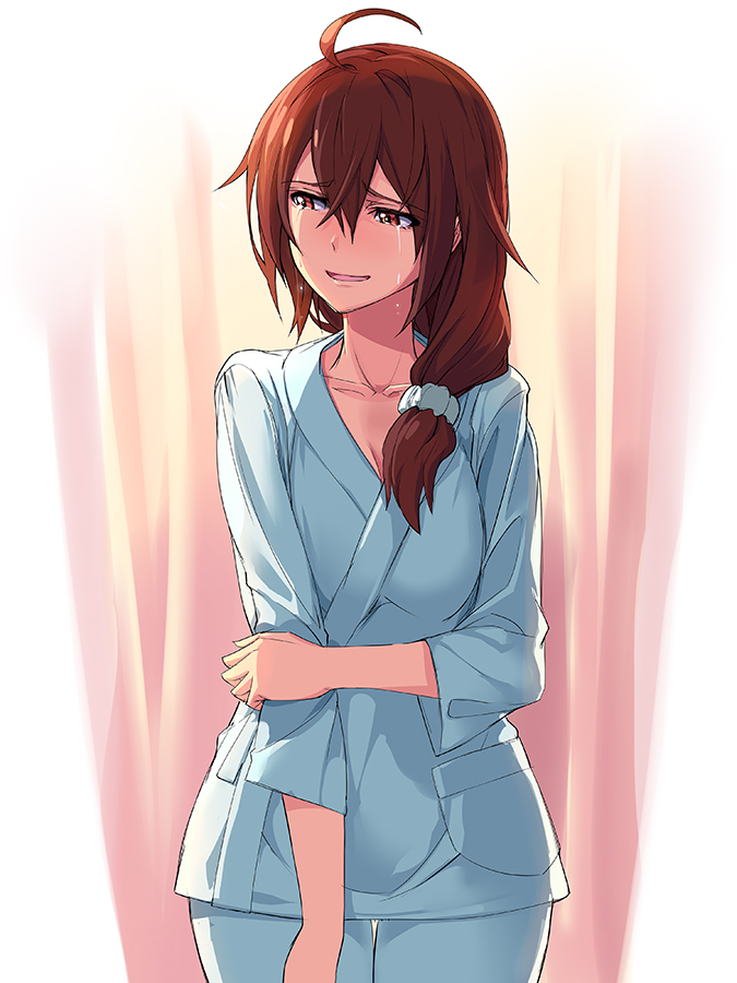 ahoge brown_eyes brown_hair holding_arm hospital_gown isshiki_mashiro long_hair looking_away michairu open_mouth ponytail scrunchie shorts solo tears vividred_operation