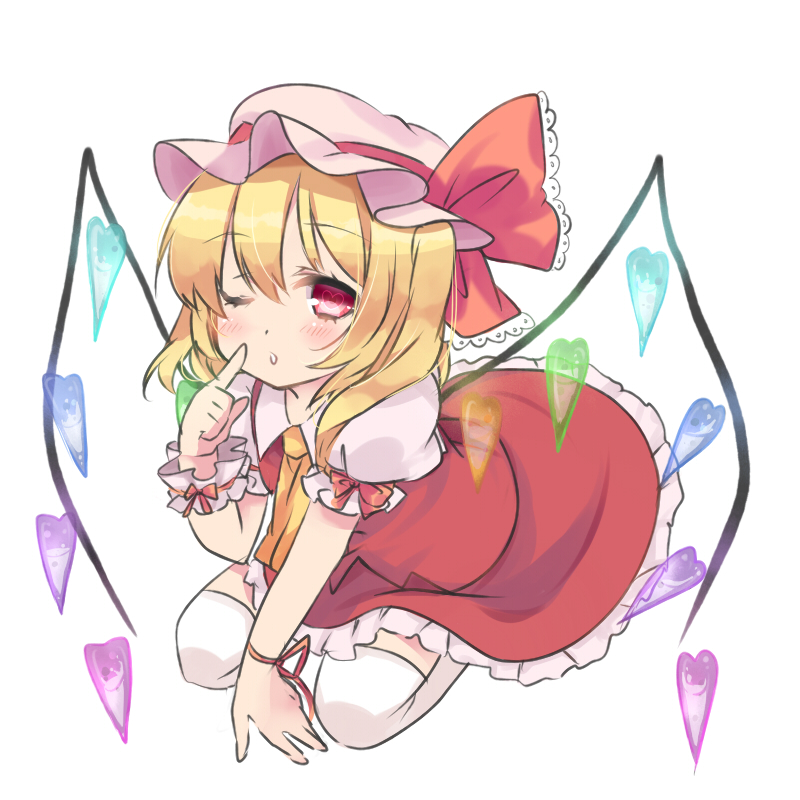 ascot blonde_hair blush flandre_scarlet hat hat_ribbon heart heart-shaped_pupils looking_at_viewer mob_cap mushi_baibai one_eye_closed pink_eyes puffy_sleeves ribbon shirt short_sleeves sitting skirt skirt_set solo symbol-shaped_pupils thighhighs touhou vest white_legwear wings wrist_cuffs wrist_ribbon zettai_ryouiki