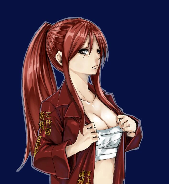 blue_background breasts cleavage erza_scarlet fairy_tail large_breasts long_hair looking_at_viewer mashima_hiro official_art ponytail red_hair sarashi simple_background solo