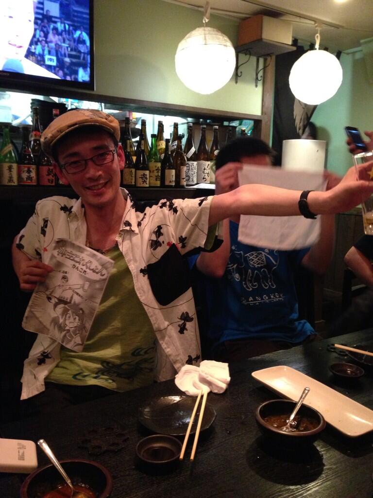alcohol cameo chopsticks doujinshi glasses hat photo pose real_life smile table tagawa_gengo touhou zun