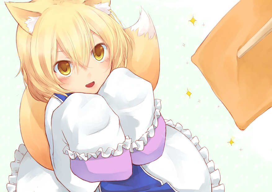 aburaage animal_ears blonde_hair fang feeding food fox_ears fox_tail kyuubi long_sleeves multiple_tails no_hat no_headwear open_mouth oversized_clothes pov_feeding sleeves_past_fingers sleeves_past_wrists smile sparkle tabard tail touhou white_background yakumo_ran younger zannen_na_neko
