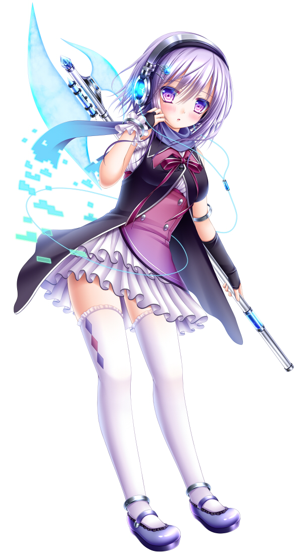 axe blue_scarf bow cable elbow_gloves fingerless_gloves gloves hair_ornament hairclip headphones mismatched_gloves original purple_eyes purple_hair ribbon scarf shitou simple_background single_elbow_glove solo thighhighs weapon white_background white_legwear wrist_cuffs