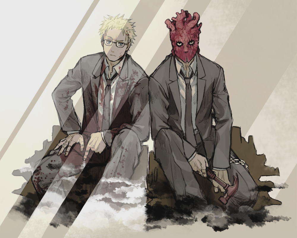 blood chain different_reflection dorohedoro dual_persona formal glasses hammer heart_(organ) mask minats mirror monochrome necktie notched_lapels peaked_lapels reflection scar serious shin_(dorohedoro) sitting suit tuxedo