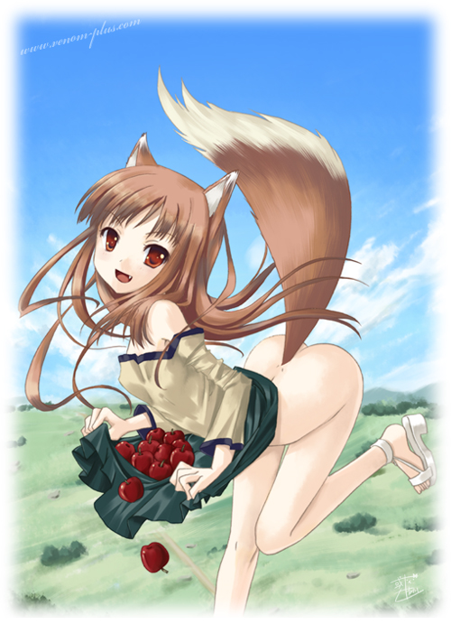 alto_seneka animal_ears apple bare_shoulders bottomless brown_hair duplicate fang food fruit holo long_hair no_panties red_eyes skirt skirt_lift solo spice_and_wolf tail wolf_ears