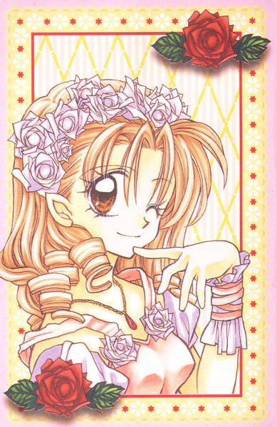 90s argyle argyle_background brown_eyes brown_hair curly_hair flower hair_flower hair_ornament jewelry long_hair necklace official_art one_eye_closed red_flower red_rose rose scan smile solo suomi_kyouko tanemura_arina time_stranger_kyoko upper_body white_flower white_rose wrist_cuffs