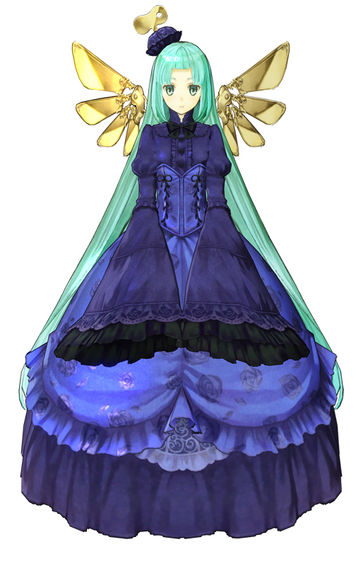 3d aqua_hair artist_request atelier_(series) atelier_ayesha blue_dress corset dress expressionless full_body game_model green_eyes hat juliet_sleeves long_hair long_sleeves odelia_(atelier) official_art puffy_sleeves sleeves_past_wrists solo very_long_hair white_background winding_key wings