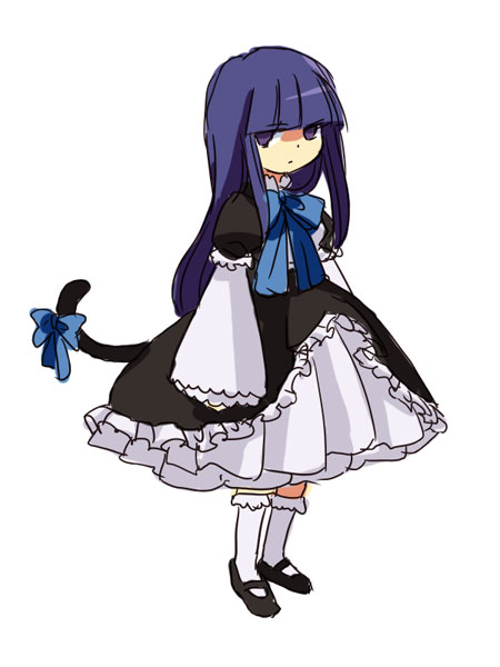 blue_hair bow cat_tail dress em_crazy expressionless frederica_bernkastel kneehighs purple_eyes tail umineko_no_naku_koro_ni white_legwear wide_sleeves