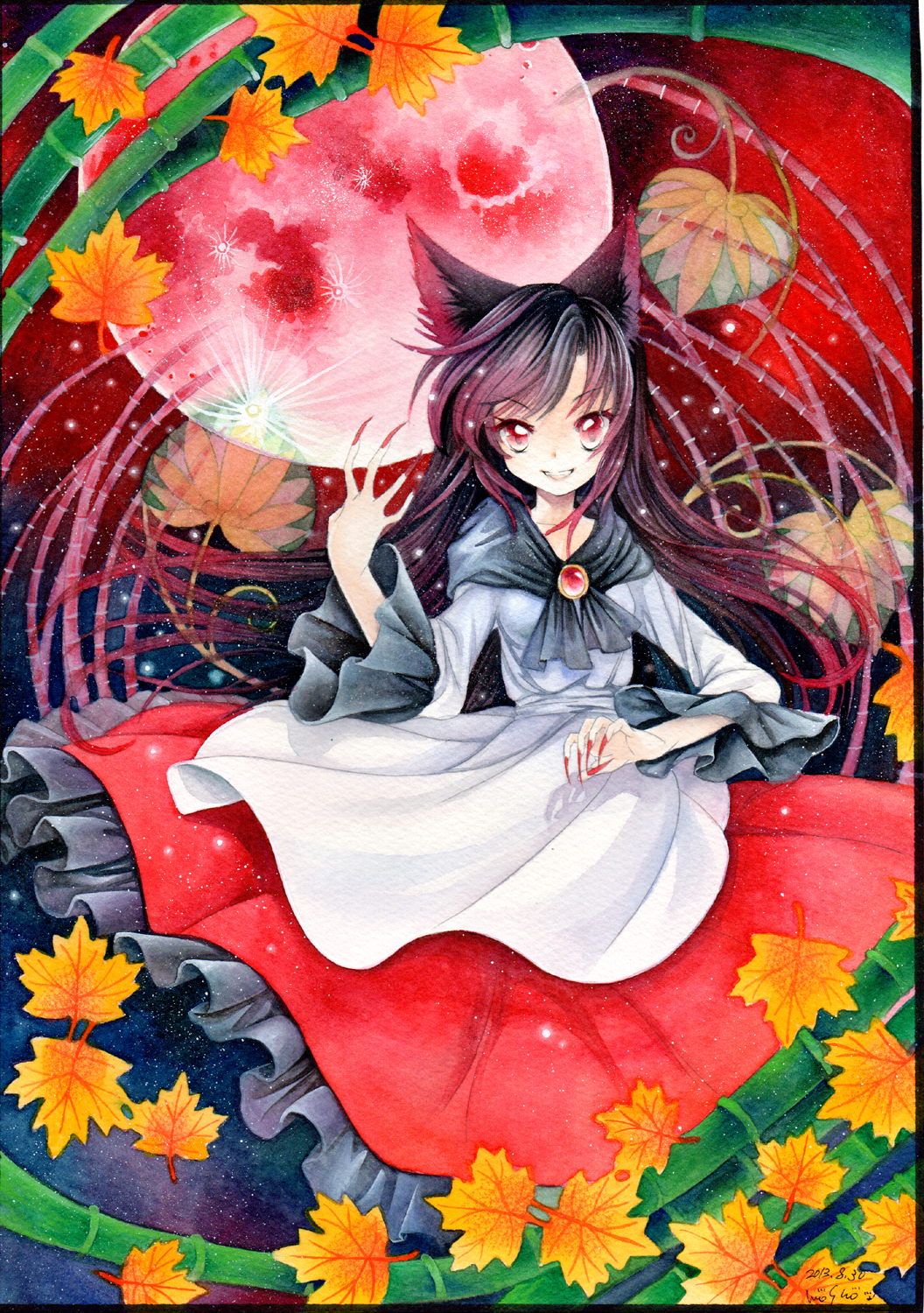 animal_ears autumn_leaves bamboo brooch brown_dress colored_pencil_(medium) dress fingernails flower frame full_moon highres imaizumi_kagerou jewelry long_fingernails long_hair long_sleeves looking_at_viewer moon mosho nail_polish pink_eyes red_moon red_nails red_sky shirt skirt sky smile solo touhou traditional_media very_long_hair watercolor_(medium) wide_sleeves wolf_ears
