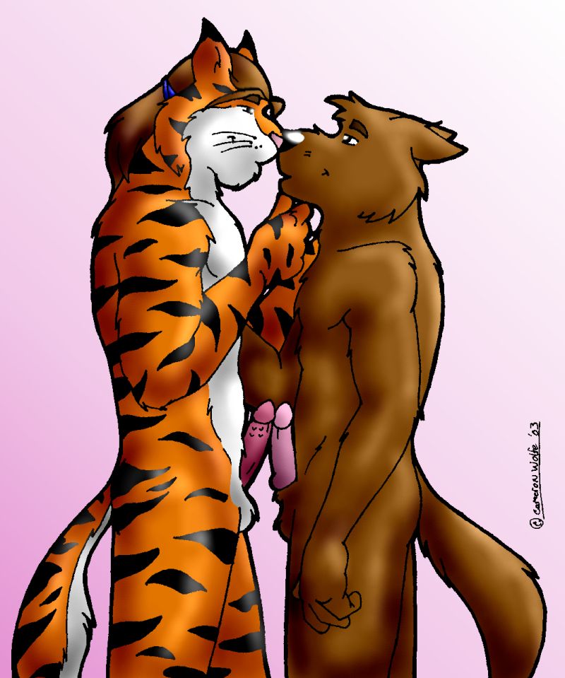 anthro bear black_nose cameronwolfe duo erection feline fur gay hair interspecies long_hair love male mammal penis pink_nose tiger