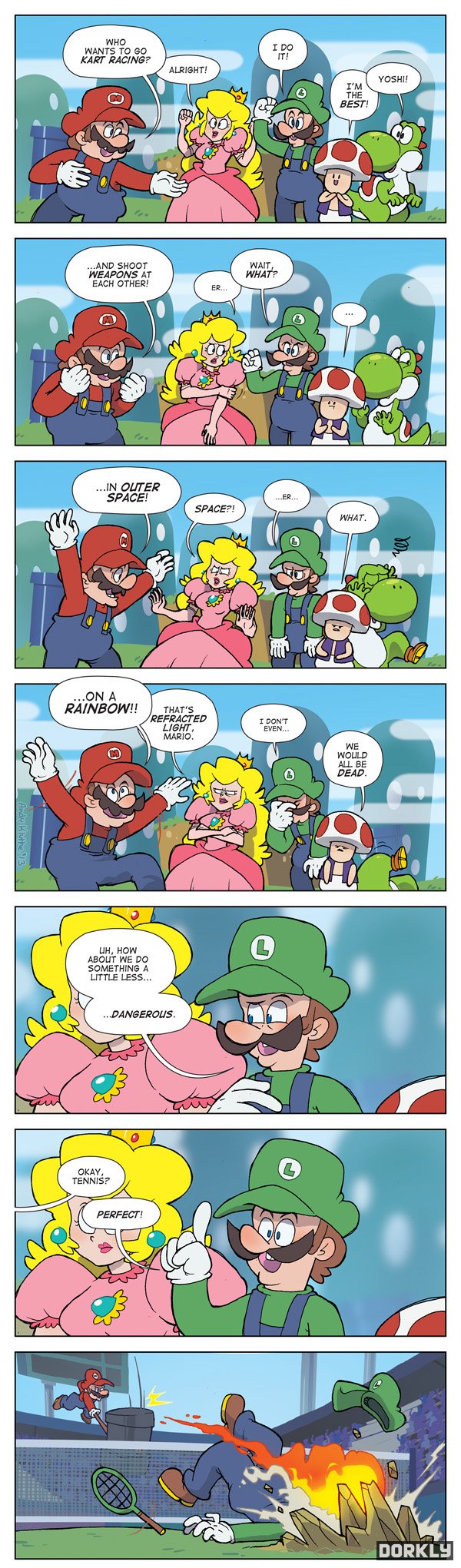 comic humor luigi mario nintendo playing_games princess_peach super_mario_bros. tennis toad_(mario) yoshi