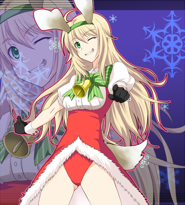 ahoge bell blonde_hair bow breasts green_eyes grin hairband hoshii_miki ichimedoo idolmaster idolmaster_(classic) long_hair looking_at_viewer medium_breasts one_eye_closed smile snowflakes solo tail zoom_layer