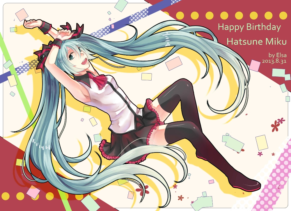 2013 aqua_eyes aqua_hair armpits arms_up artist_name boots character_name dated elsa_(g557744) happy_birthday hatsune_miku long_hair looking_at_viewer open_mouth skirt solo thigh_boots thighhighs twintails very_long_hair vocaloid
