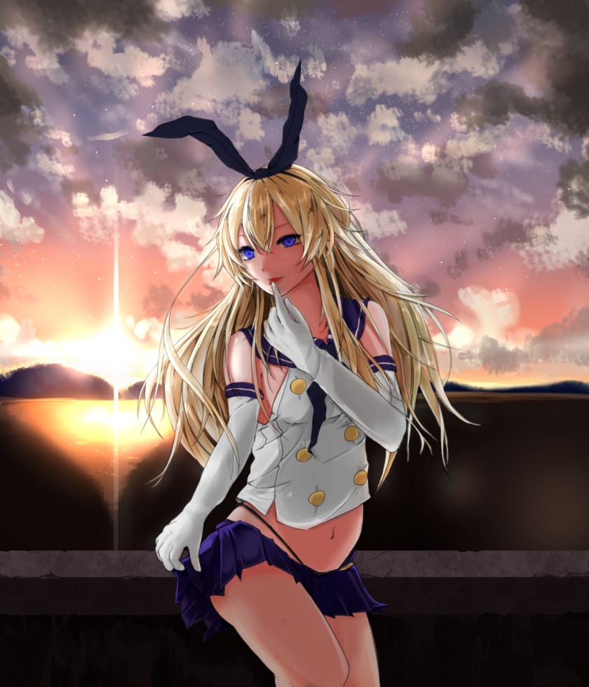 :p bad_id bad_pixiv_id bare_shoulders blonde_hair blue_eyes breasts chaki_(emeraldia) cloud elbow_gloves finger_to_mouth gloves hair_ribbon kantai_collection long_hair looking_at_viewer lowleg_skirt midriff mountain navel reflection ribbon sailor_collar shimakaze_(kantai_collection) sideboob small_breasts solo stone_wall string_panties sunset tongue tongue_out wall water