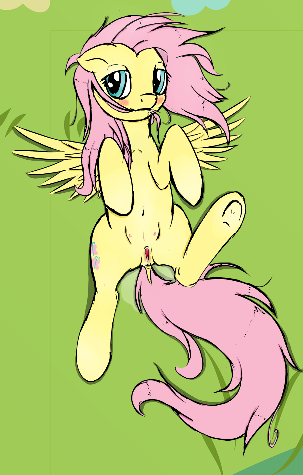 blue_eyes blush cutie_mark equine female feral fluttershy_(mlp) friendship_is_magic fur hair hieronymuswhite horse lying mammal my_little_pony on_back pegasus pink_hair pony pussy solo teats wings yellow_fur